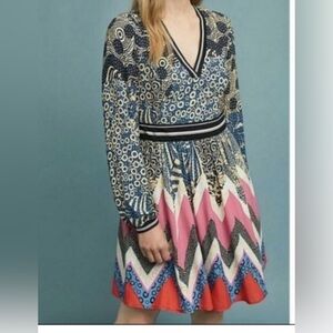 Anthropologie Blue and Pink Long Sleeve Dress